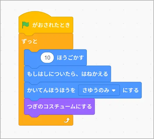 つぎのコスチュームにする動作を繰り返すことでスプライトが走っているように見えるプログラミング