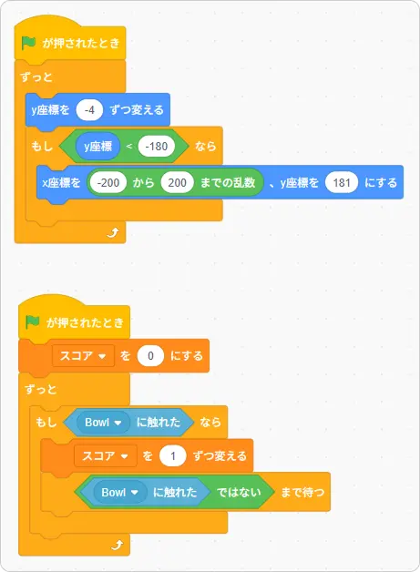 スクラッチのスクリプト、りんごが落ちる動作とスコアの動作